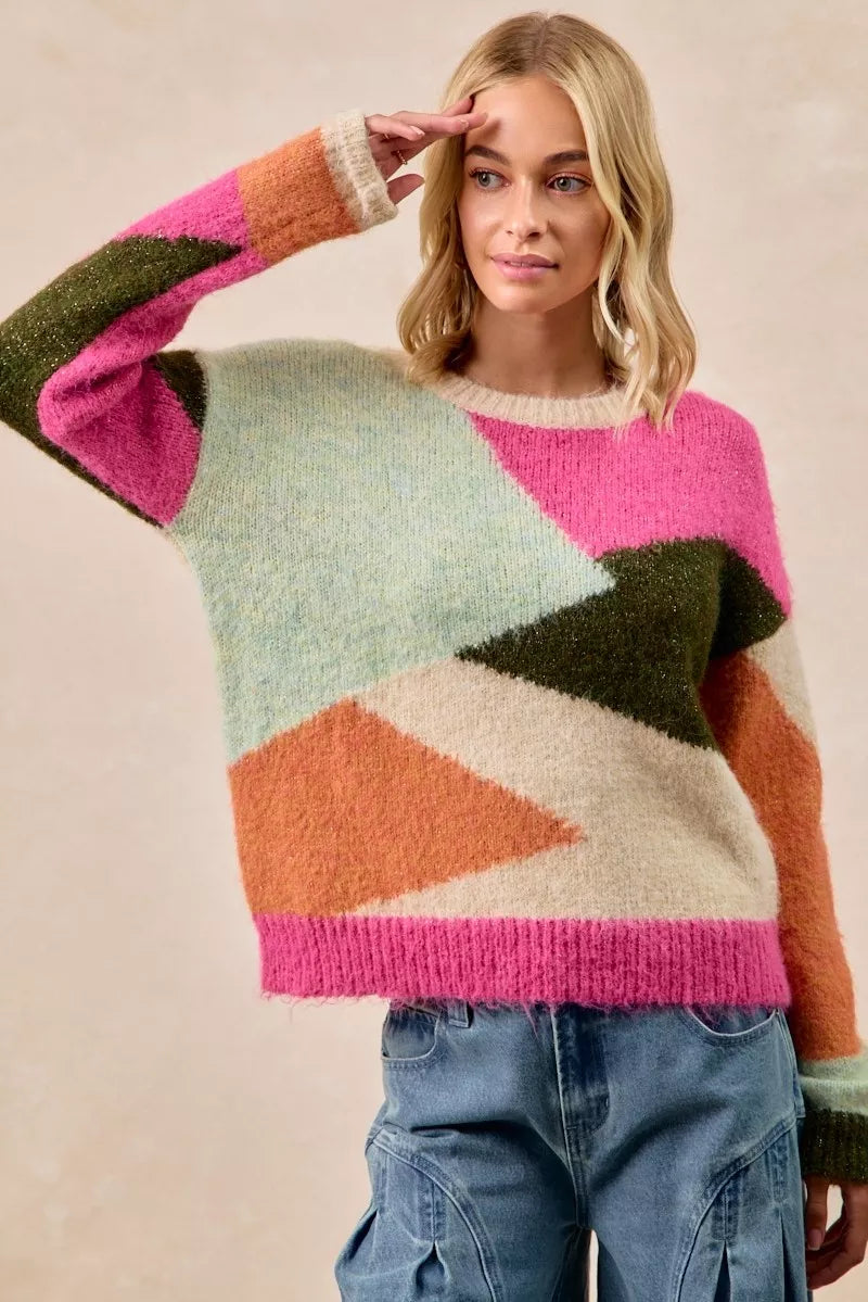 Trendsi boho color block sweater with vibrant geometric patterns for a stylish look
