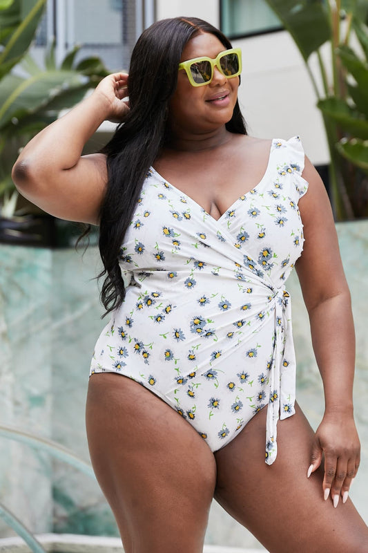 Marina West Swim Float On Ruffle Faux Wrap One-Piece in Daisy Cream-Soul Flow Apparel