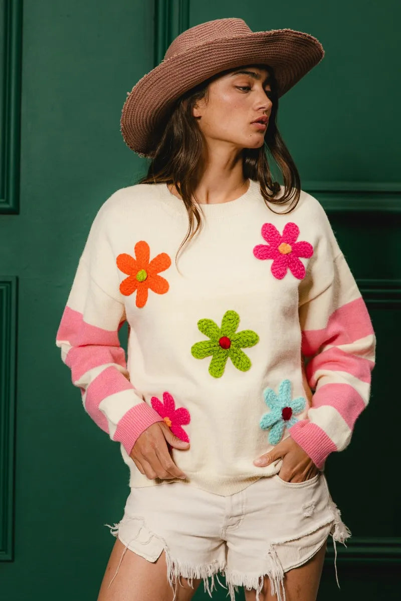 Colorful floral sweater for women featuring vibrant flower appliques and a cozy fit