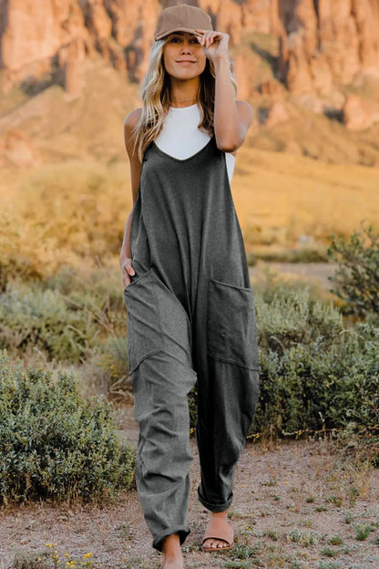 Trendsi boho v-neck sleeveless jumpsuit in gray with side pockets for casual outdoor wear