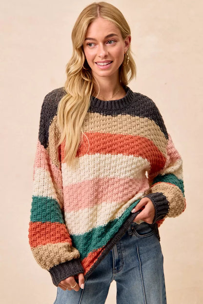 Trendsi boho color block sweater in warm tones with oversized fit and textured knit design