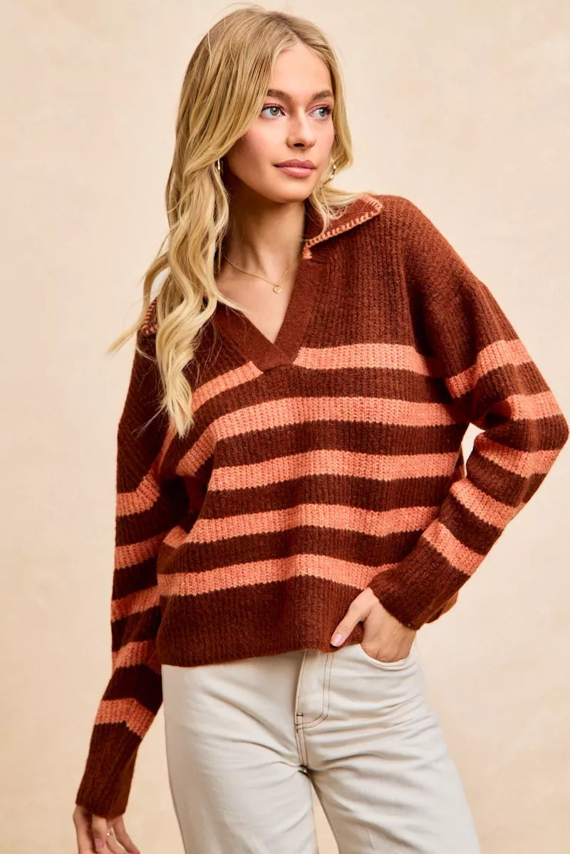 Rust and peach striped sweater top for women with a V-neck and relaxed fit