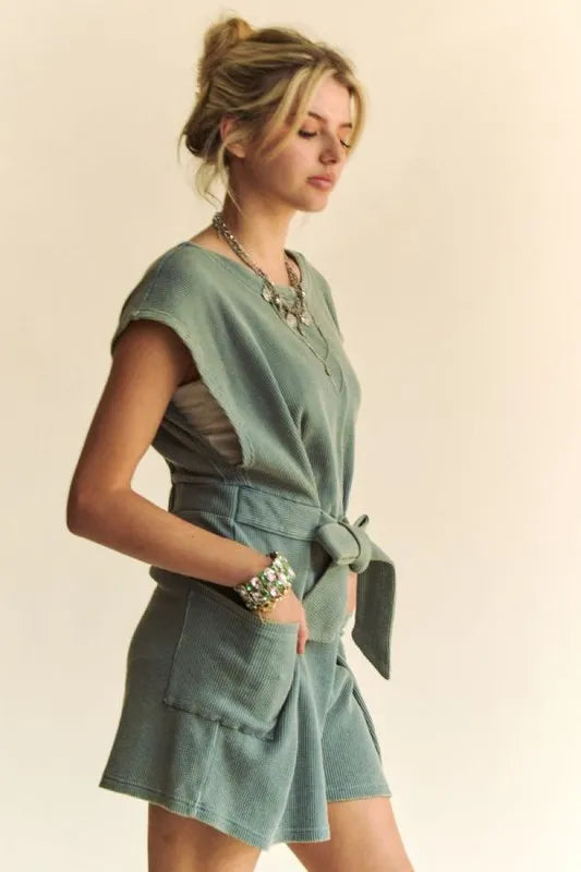 Davi & Dani Acid-Washed Waffle Knit Cuffed Sleeves Romper-Soul Flow Apparel