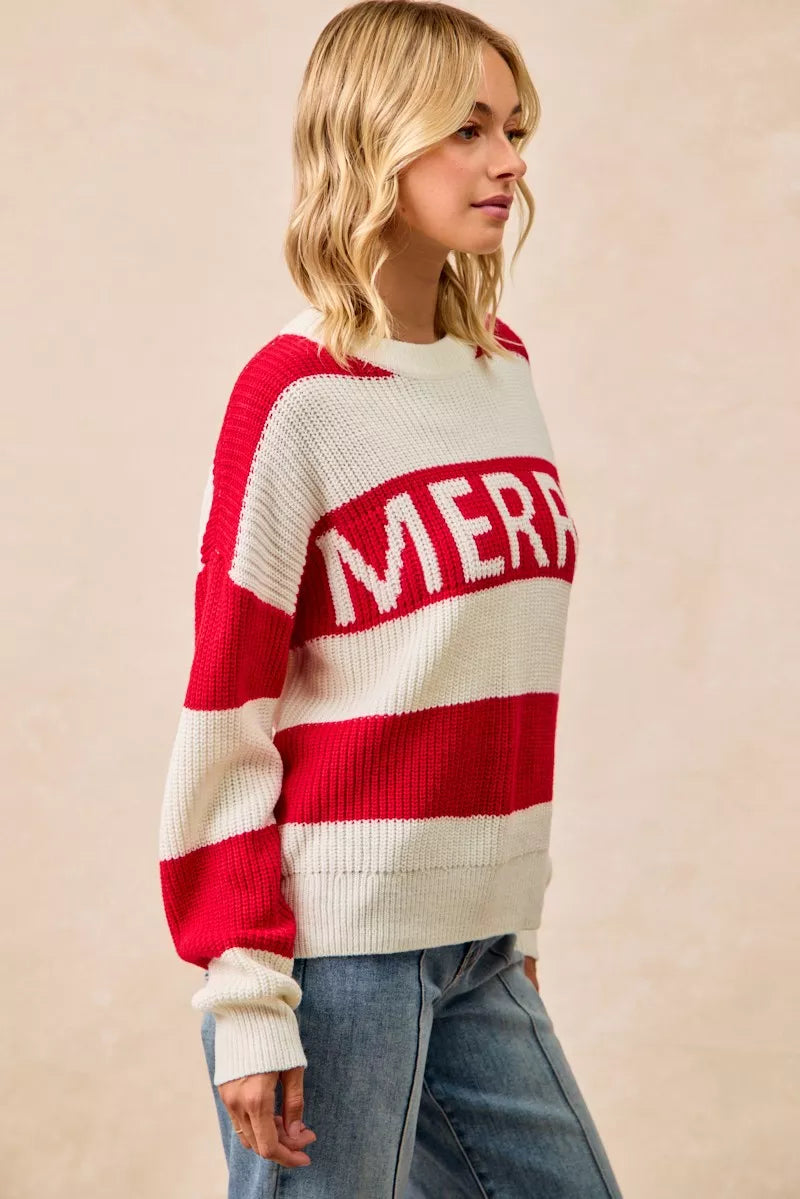 Merry Christmas sweater for women in red and white stripes, featuring the word Merry for festive style