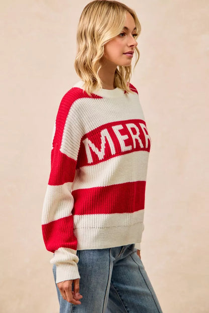 Merry Christmas sweater for women in red and white stripes, featuring the word Merry for festive style