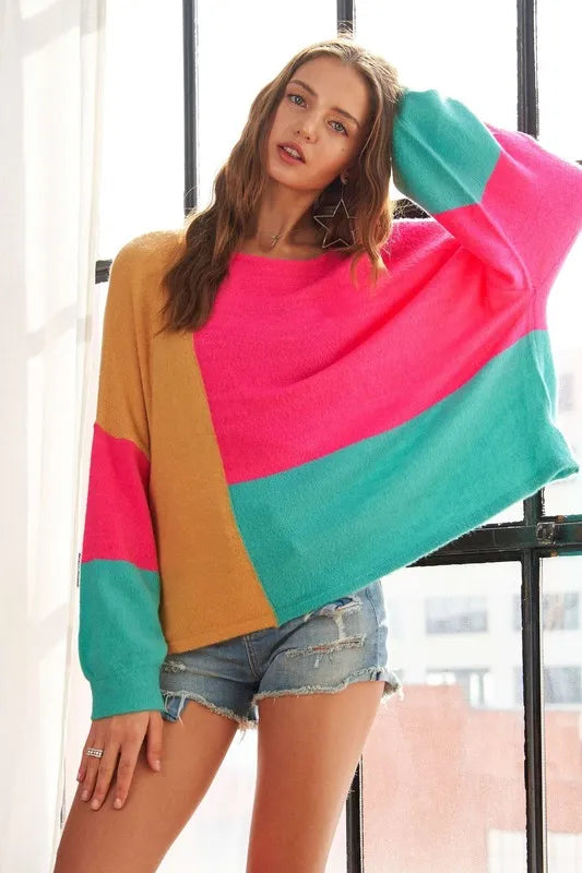 Trendsi boho colorblock sweater in pink, turquoise, and gold with relaxed fit for a trendy look