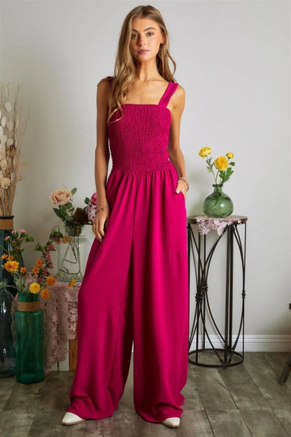Trendsi Boho Wide Leg Jumpsuit in vibrant pink with a smocked bodice and flowy design