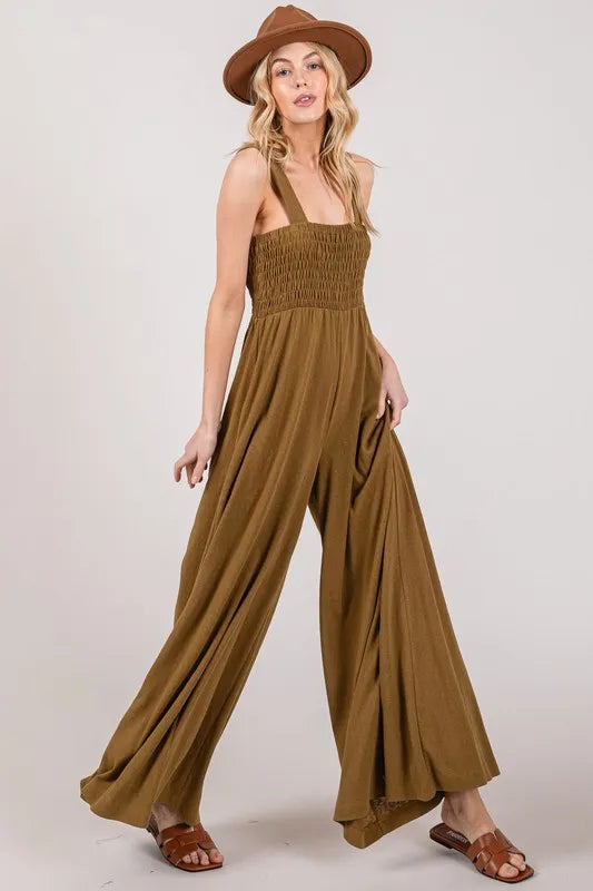 SAGE+FIG Smocked Flowy Wide Leg Jumpsuit-Soul Flow Apparel