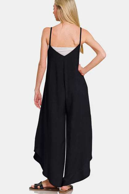Trendsi boho wide leg overalls in black with adjustable straps for casual summer style