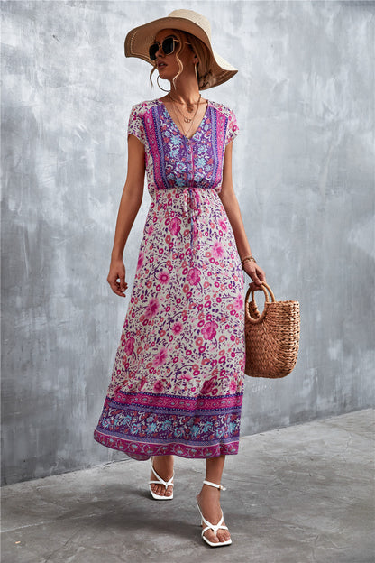 V-Neck Short Sleeve Printed Maxi Dress-Soul Flow Apparel