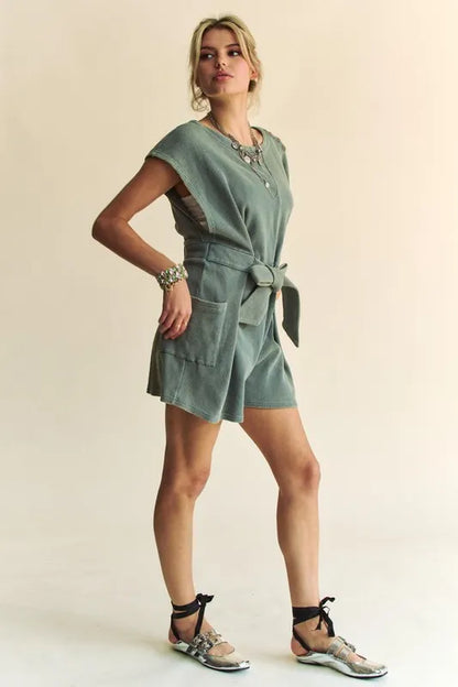 Trendsi acid washed waffle knit romper in green with a stylish tie and pockets for casual wear