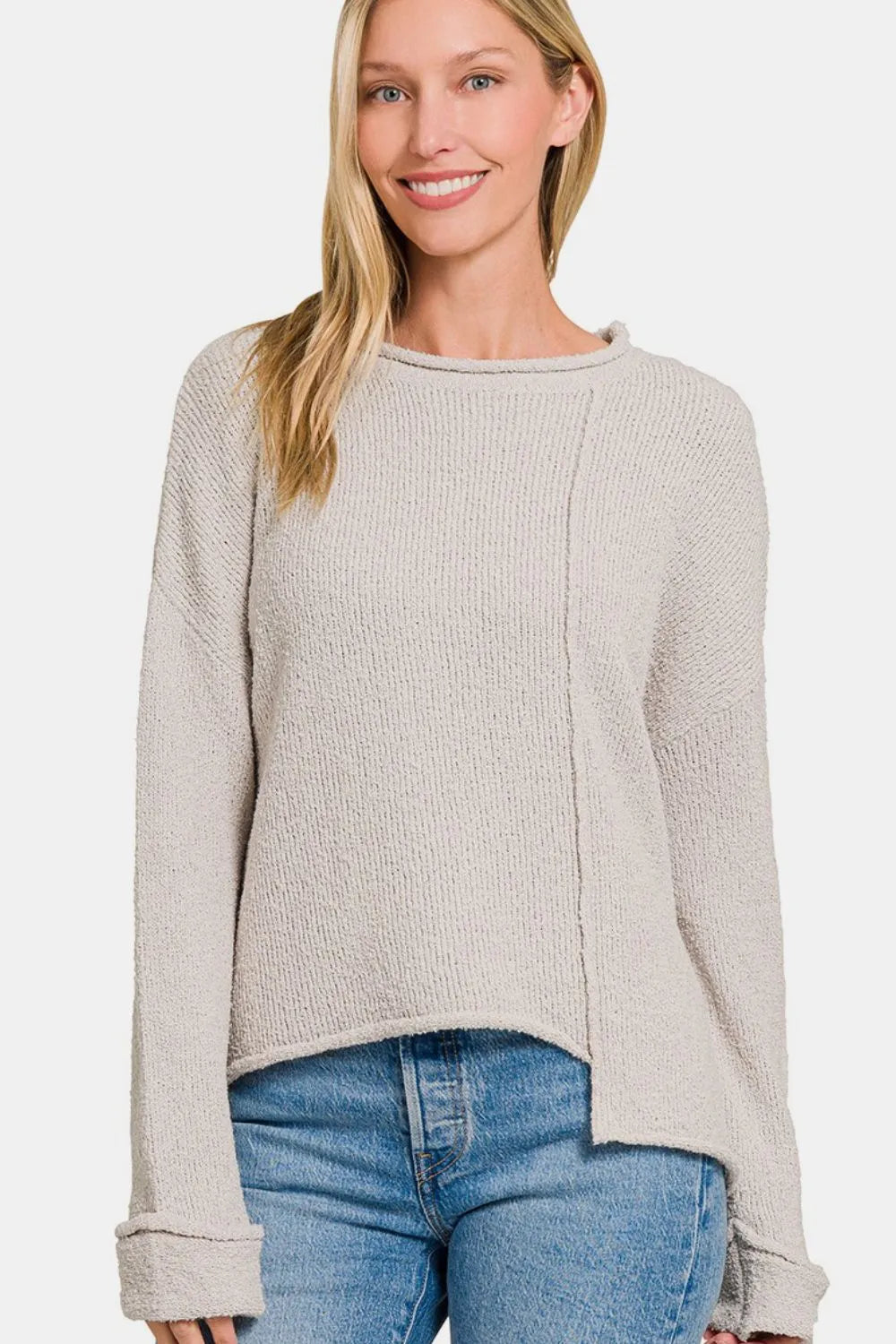 Trendsi boho asymmetric hem sweater in light gray with a relaxed fit and long sleeves