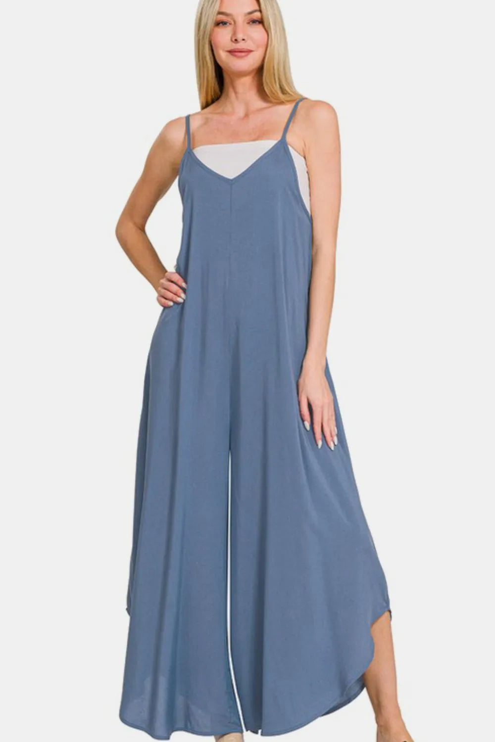 Zenana Spaghetti Strap Wide Leg Overalls with Pockets-Soul Flow Apparel