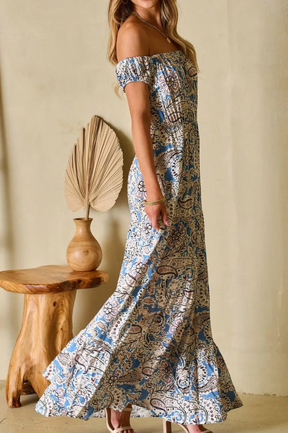 Boho Paisley Print Off Shoulder Maxi Dress-Soul Flow Apparel