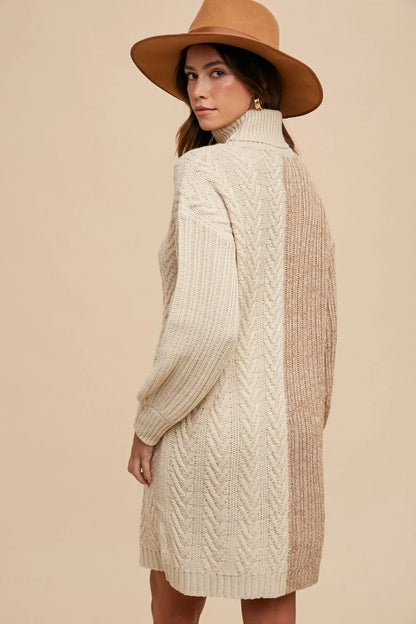Trendsi color block turtleneck sweater dress featuring cable knit design and a stylish oversized fit