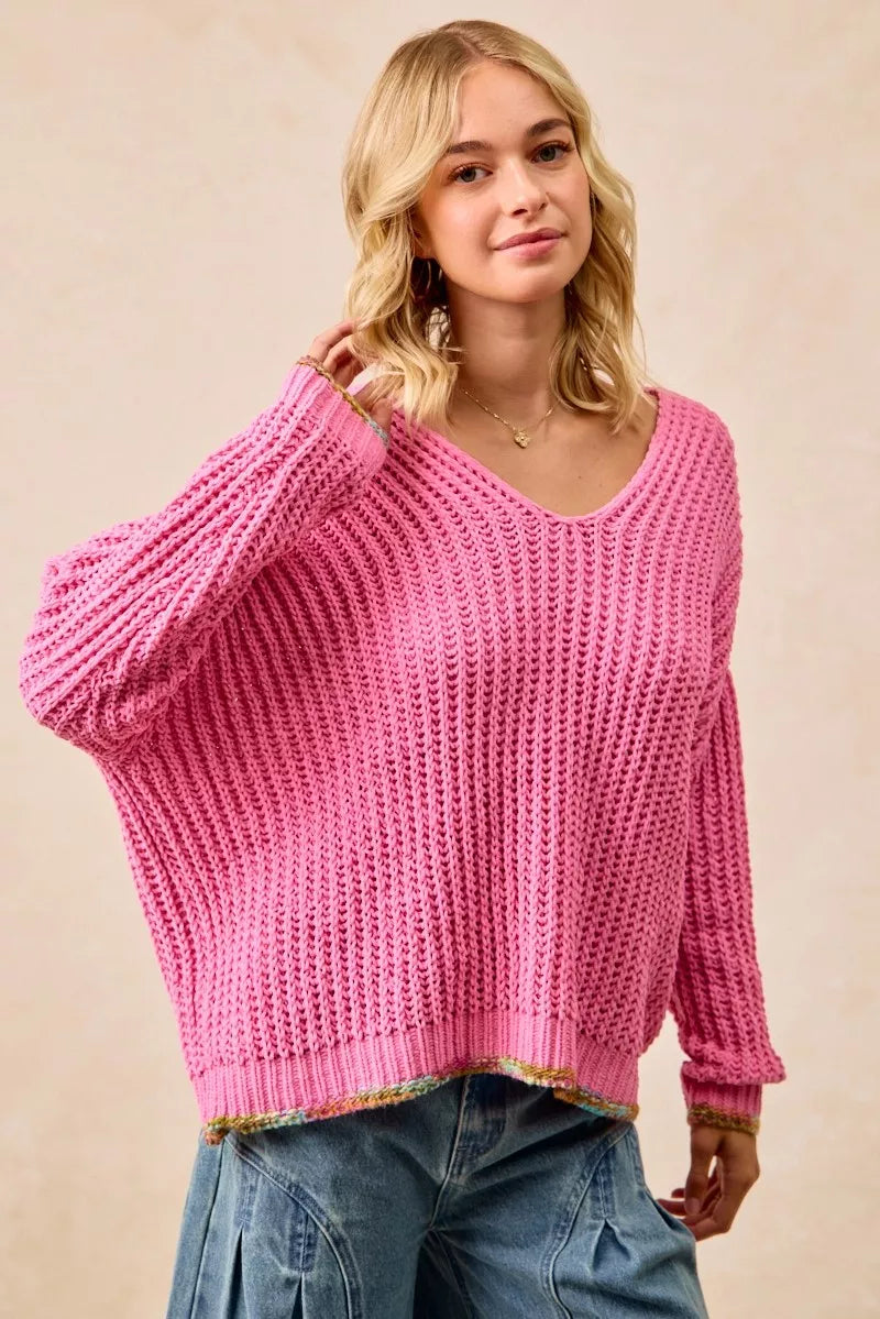 Trendsi Boho V-Neck Sweater Women in Bright Pink with Relaxed Fit and Textured Knit Design