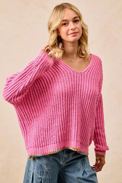 Trendsi Boho V-Neck Sweater Women in Bright Pink with Relaxed Fit and Textured Knit Design