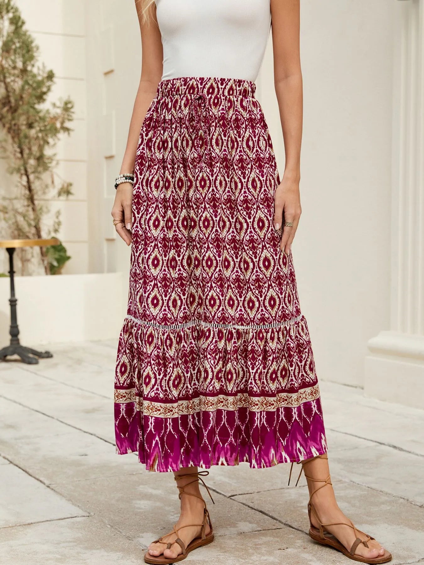 Bohemian Printed Ruched Maxi Skirt-Soul Flow Apparel