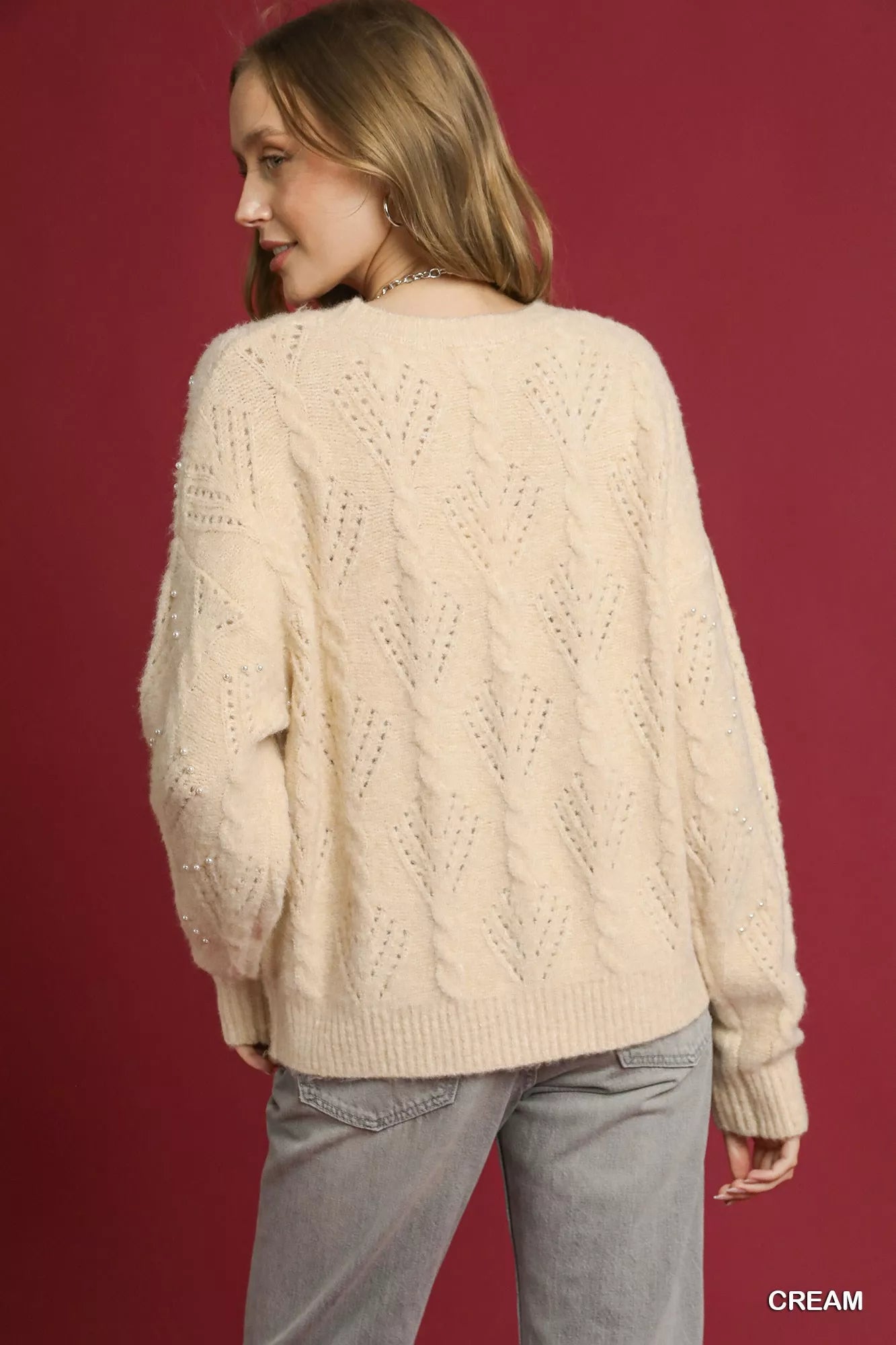 Trendsi pearl embellished long sleeve sweater in cream with a cozy cable knit design