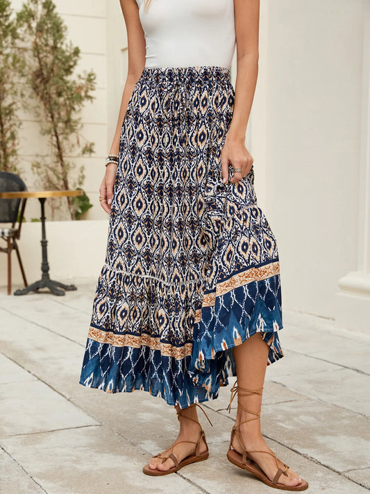 Bohemian Printed Ruched Maxi Skirt-Soul Flow Apparel