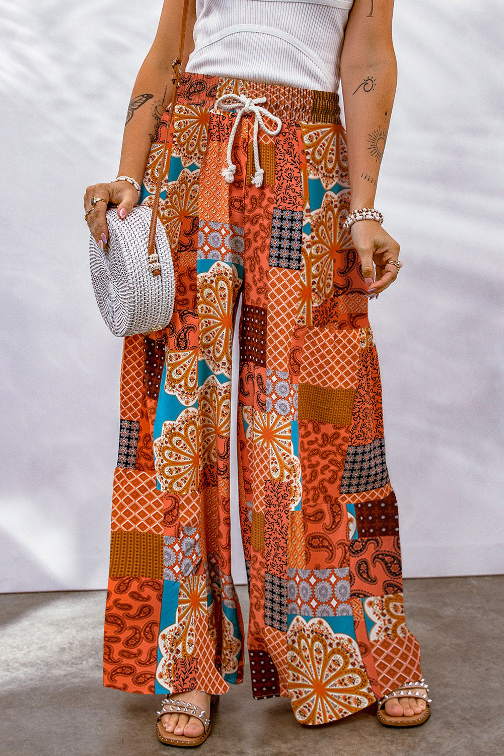 Bohemian Patchwork Drawstring Wide Leg Pants-Soul Flow Apparel