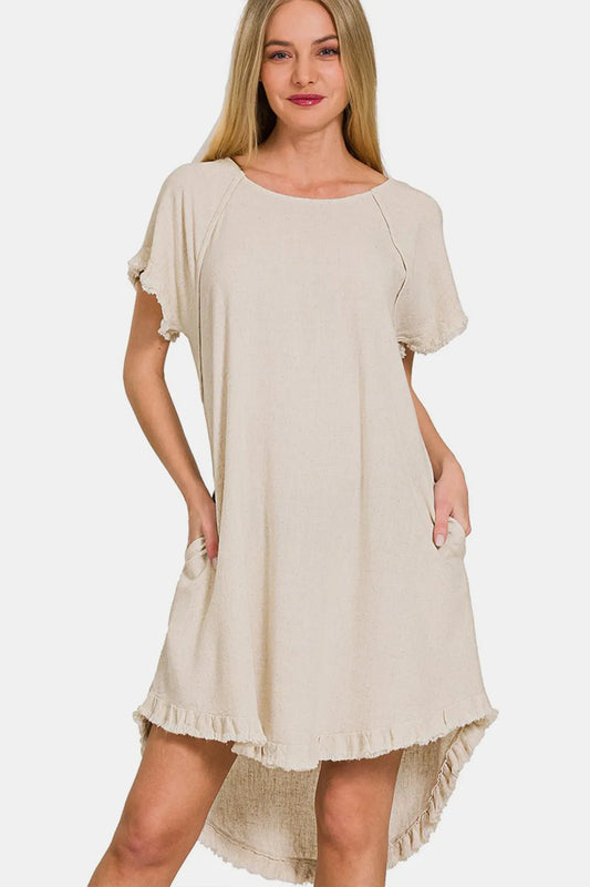 Zenana Fringe Edge High Low Flowy Dress with Pockets-Soul Flow Apparel