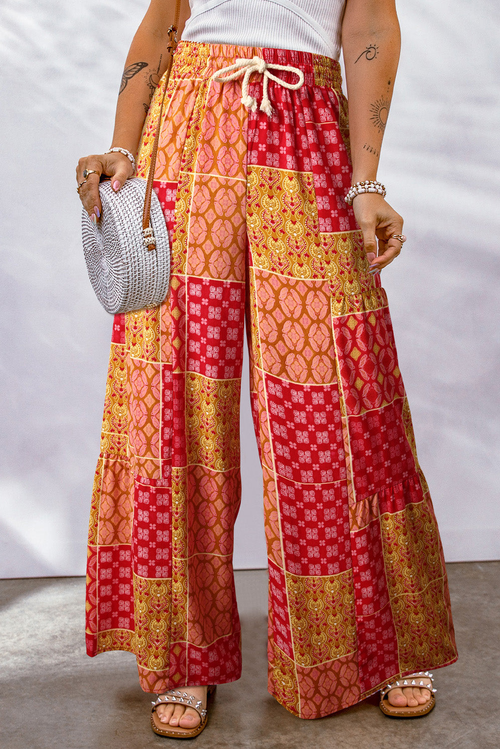 Bohemian Patchwork Drawstring Wide Leg Pants-Soul Flow Apparel