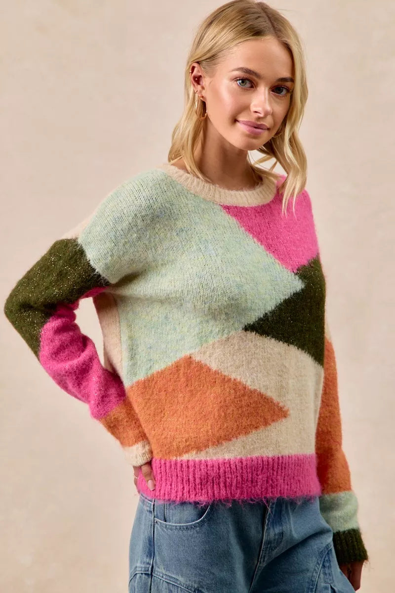 Trendsi boho color block sweater in pastel colors with geometric patterns for a stylish look