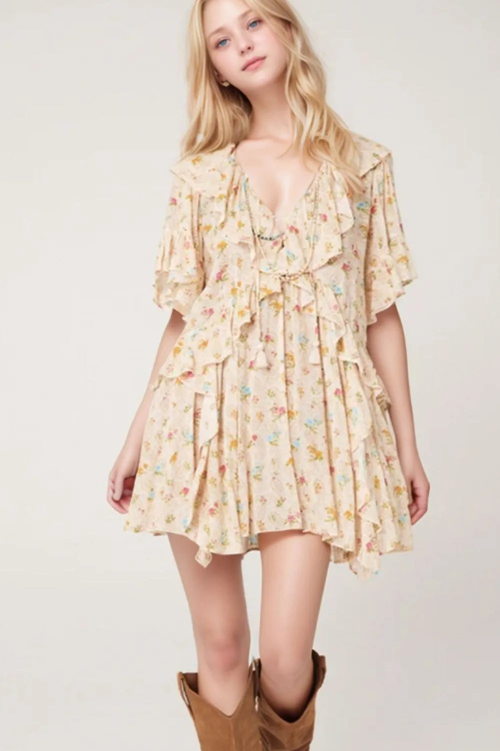 Boho Floral Tassel Tie V Neck Ruffle Wide Sleeve Mini Dress-Soul Flow Apparel