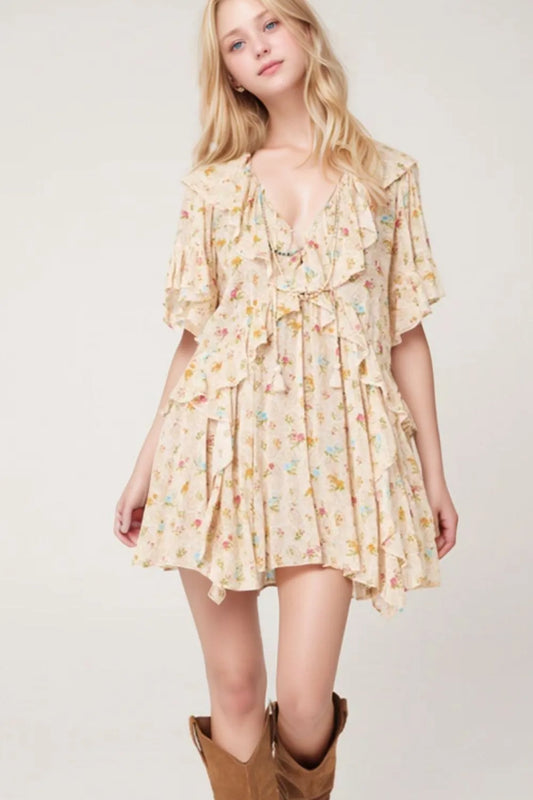 Boho Floral Tassel Tie V Neck Ruffle Wide Sleeve Mini Dress-Soul Flow Apparel