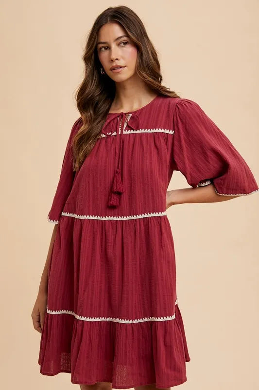 Annie Wear Tassel Contrast Trim Tie Neck Half Sleeve Tiered Dress-Soul Flow Apparel