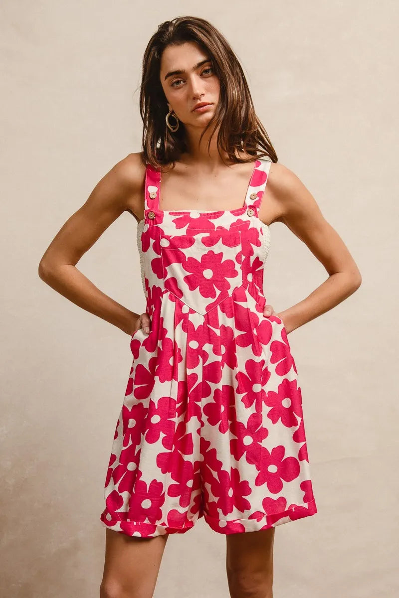 Trendy floral print short overalls for women with colorful flower patterns and adjustable straps