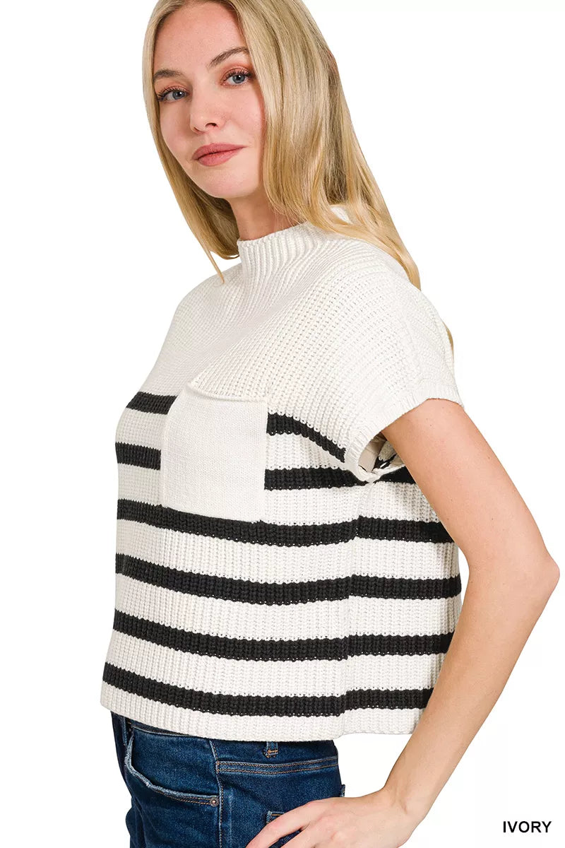 Trendsi Boho Striped Sweater Top in Ivory with Short Sleeves and Front Pocket