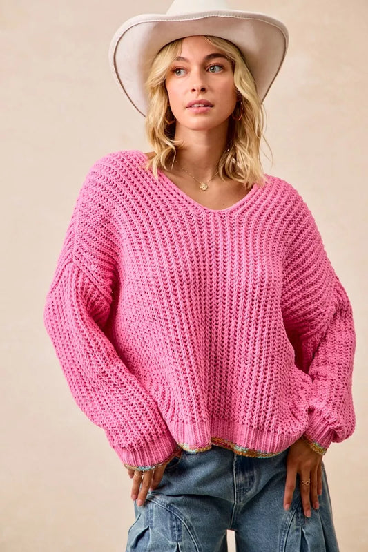 Trendsi boho v-neck sweater women in pink with loose fit and textured knit design