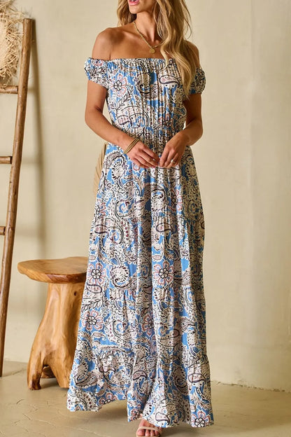 Boho Paisley Print Off Shoulder Maxi Dress-Soul Flow Apparel
