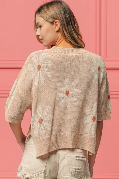 Trendsi Boho Floral Sweater in Soft Beige with Daisy Print and Relaxed Fit