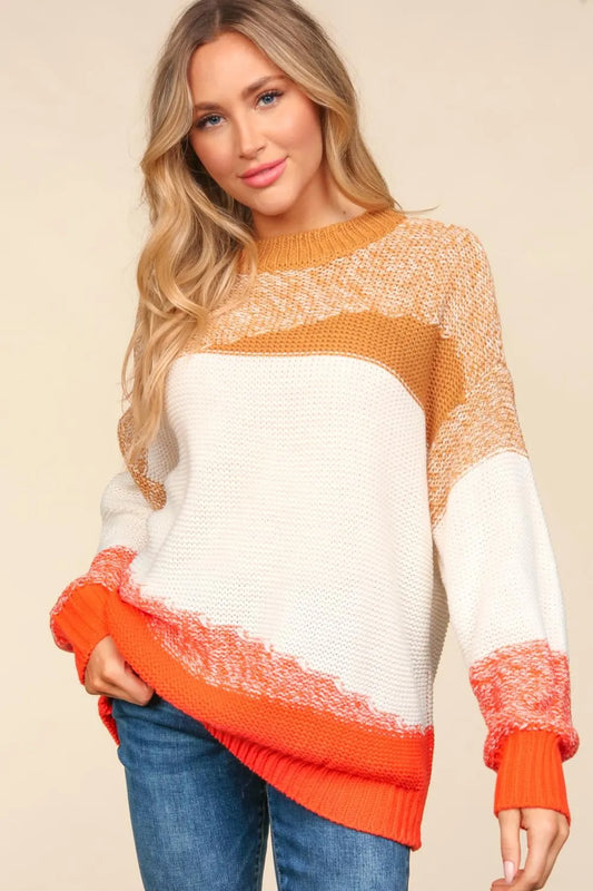 Trendsi Boho Color Block Sweater in warm tones with a cozy knit design and relaxed fit