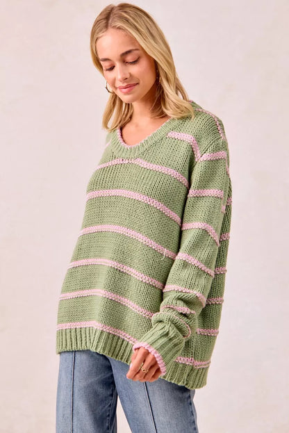 Trendsi boho striped long sleeve sweater in green and pink with a relaxed fit