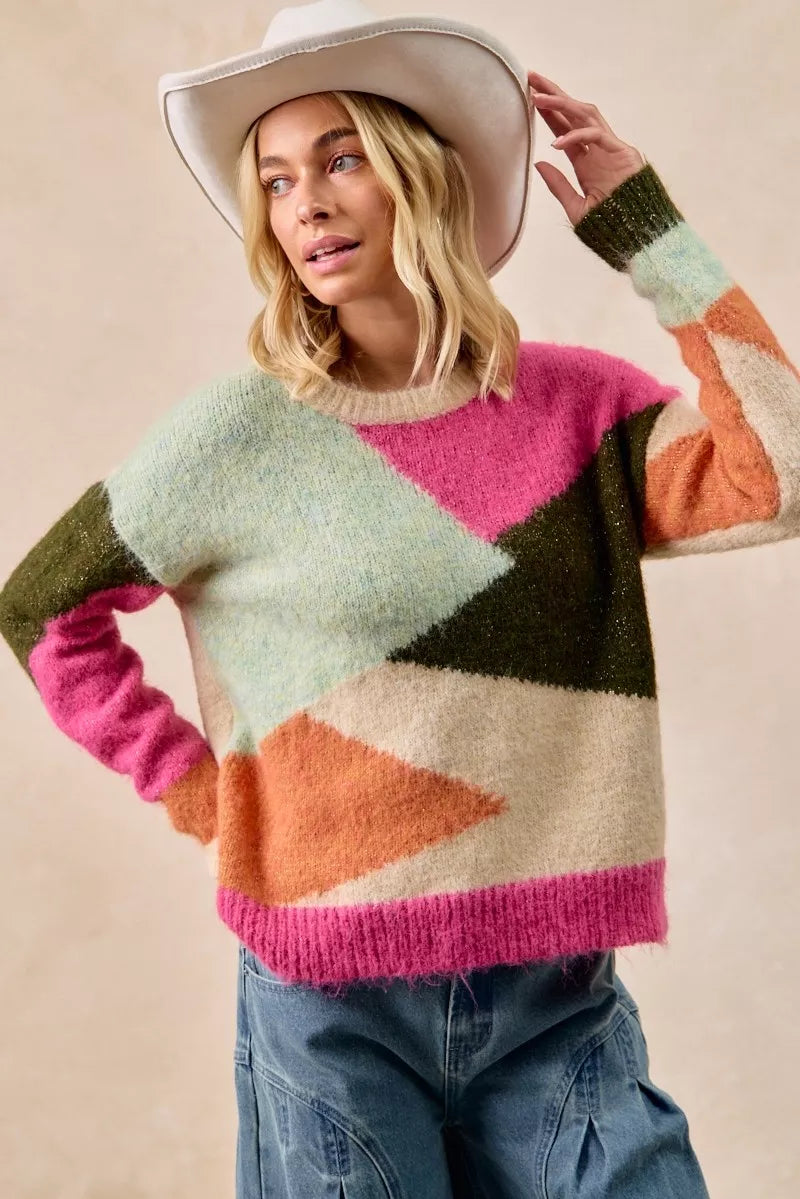Trendsi Boho Color Block Sweater in Multicolor with Relaxed Fit and Cozy Texture