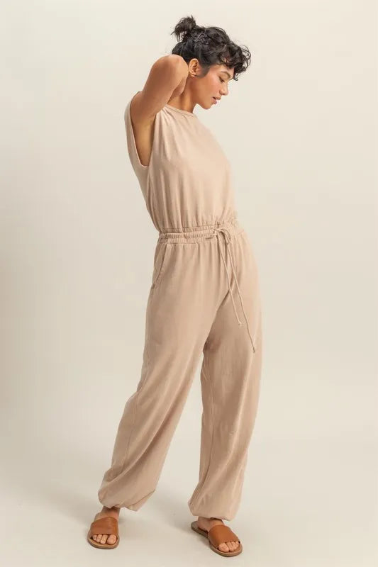 HYFVE Back Keyhole Round Neck Cap Sleeve Drawstring Jumpsuit-Soul Flow Apparel