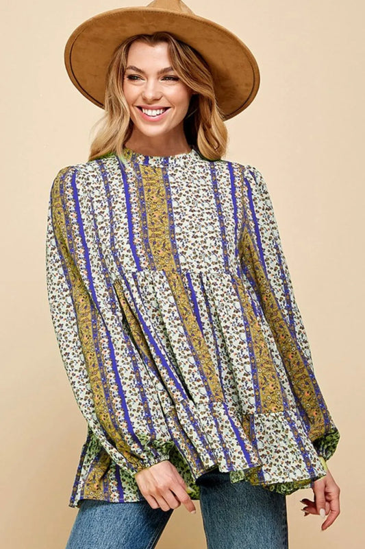 Soul Flow Apparel | Boho Lime 'N' Chili Multi-Color Bohemian Print Mock Neck Babydoll Top
