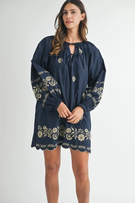 MABLE Embroidered Long Sleeve Peasant Mini Dress-Soul Flow Apparel