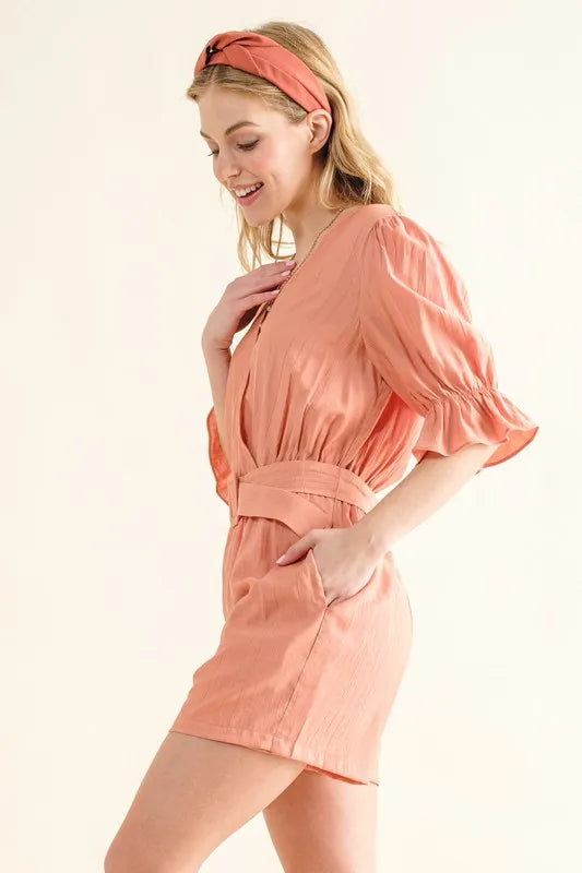 And The Why Flounce Sleeves Romper with Belt-Soul Flow Apparel