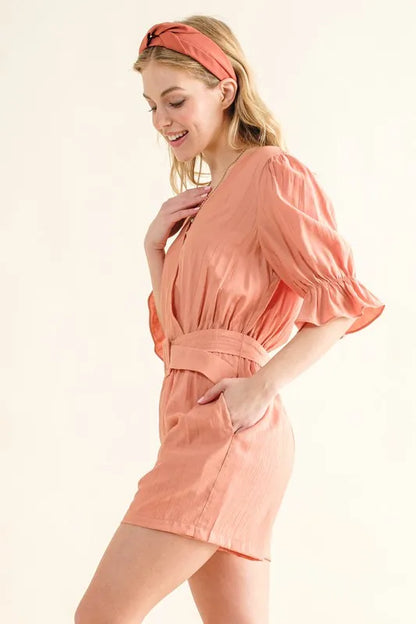 Trendsi boho flounce sleeve romper in peach with waist tie and pockets for a stylish summer look