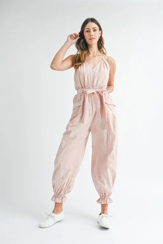 MABLE Washed Fabric Spaghetti Strap Waist Belted Jumpsuit-Soul Flow Apparel