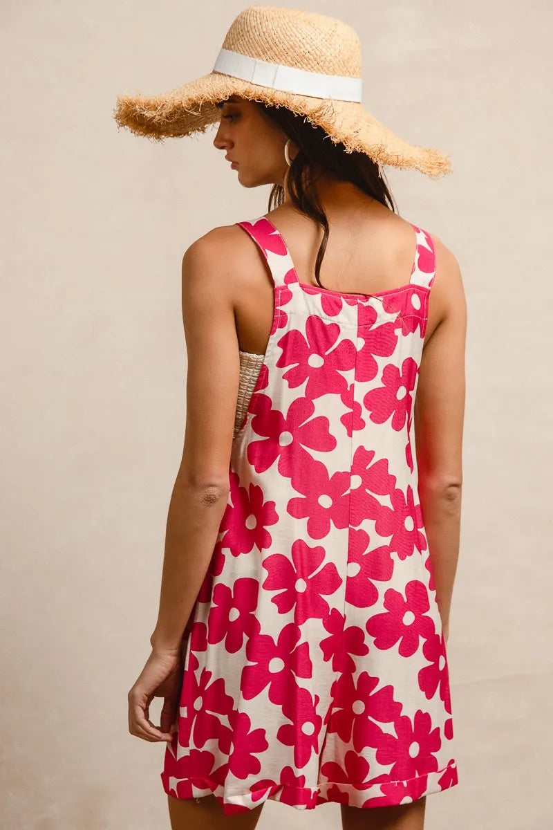 Floral print short overalls for women in pink with large flower patterns, perfect for summer outings