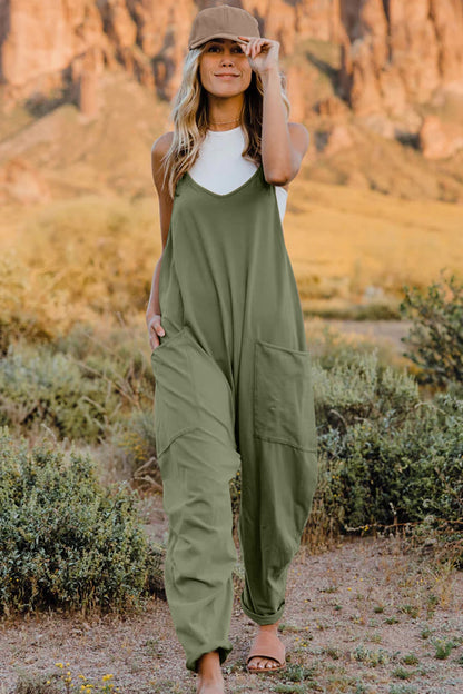 Boho v-neck sleeveless jumpsuit in olive green with relaxed fit and side pockets, perfect for casual outings