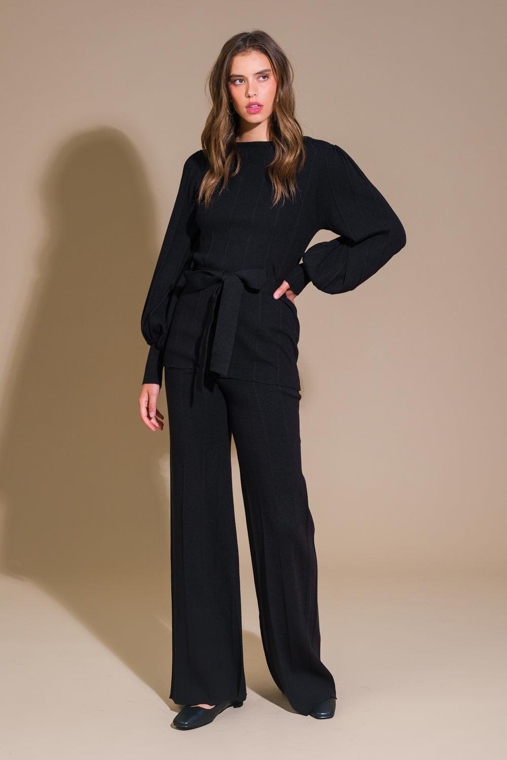 Smile When You Are Sad Sweater Set With Puff Sleeve Top And Wide Leg Pants