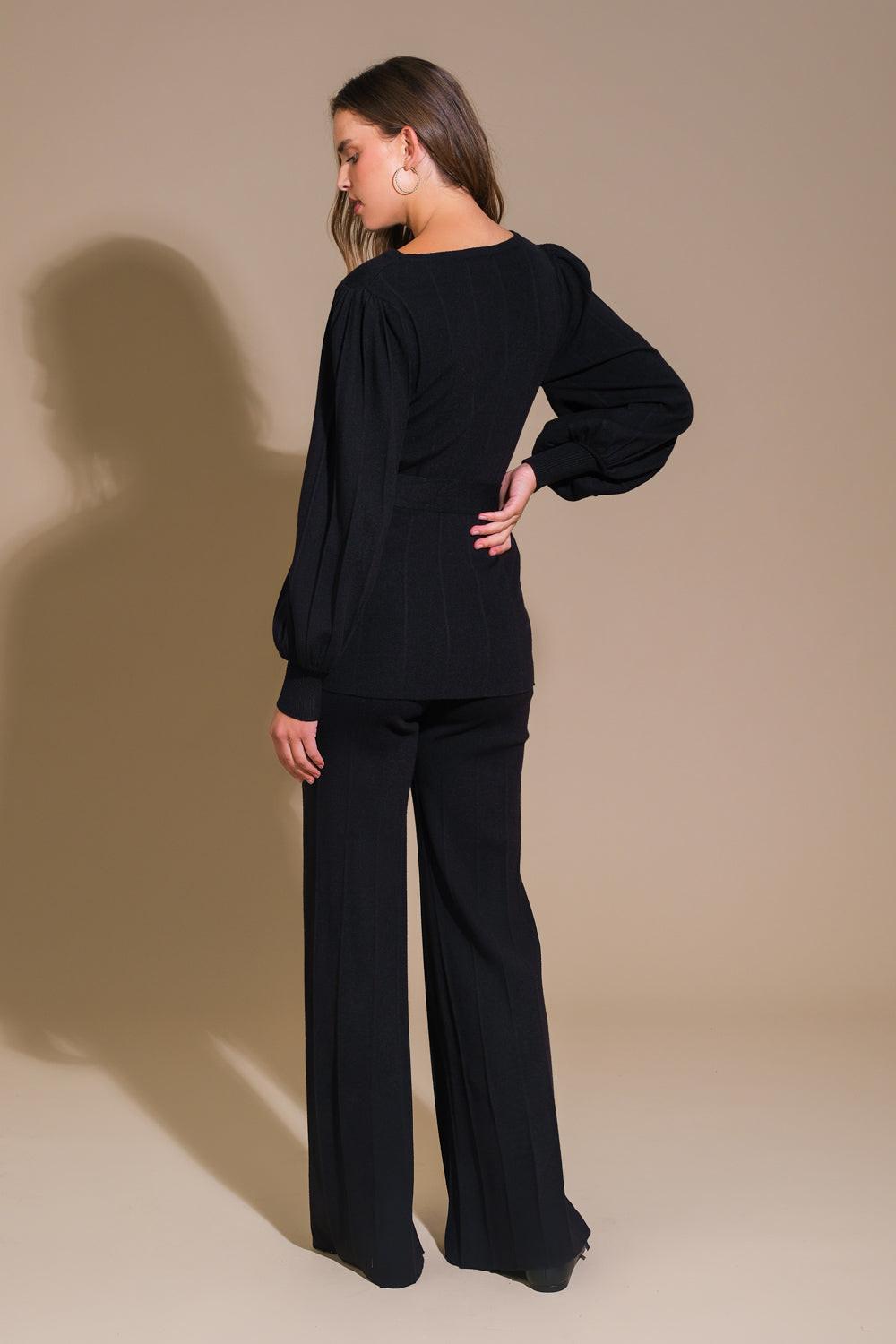 Smile When You Are Sad Sweater Set With Puff Sleeve Top And Wide Leg Pants