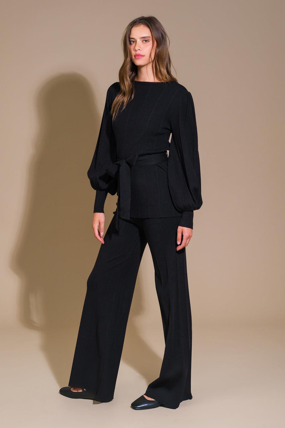 Smile When You Are Sad Sweater Set With Puff Sleeve Top And Wide Leg Pants